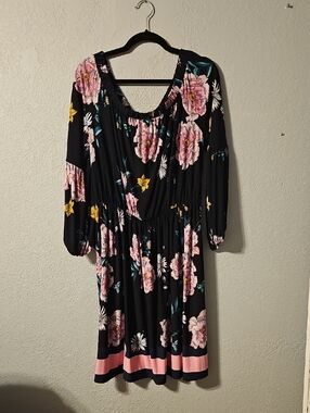 Lane Bryant Black Floral Long Sleeve Dress with Pink and Yellow Accents